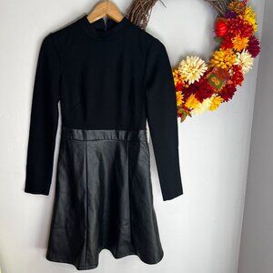 Eliza J Mock Neck Knit Faux Leather Twofer Dress Sz 2 Black Long Sleeve